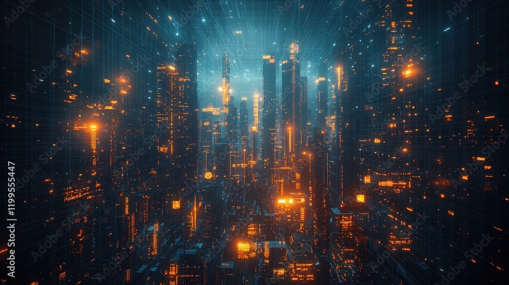 Fototapeta premium Digital Cityscape Network with Orange Lights on Dark Background Generated AI
