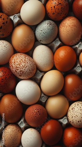 A diverse collection of eggs occupies a recycled carton, offering an array of colors and textures photo