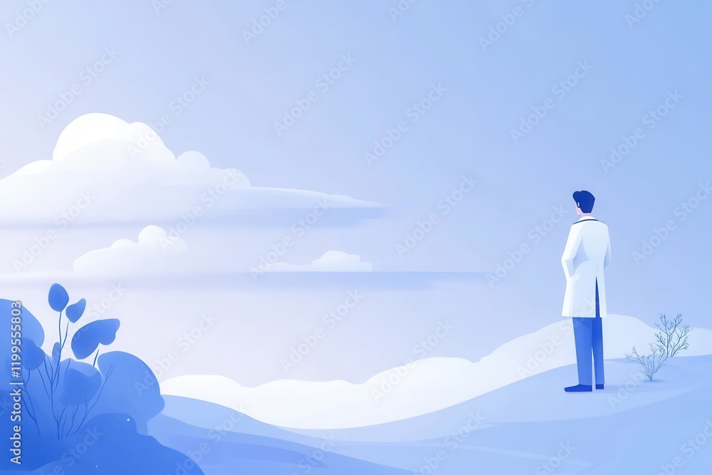 Obraz premium Serene Blue Gradient Background Featuring a Figure in White Attire Gazing at Soft Clouds and Rolling Hills in a Tranquil Landscape Scene