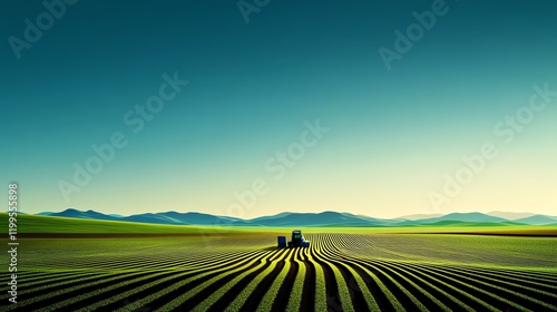 AIpowered robot inspecting rows of crops in a field, highlighting futuristic farming technology tools photo