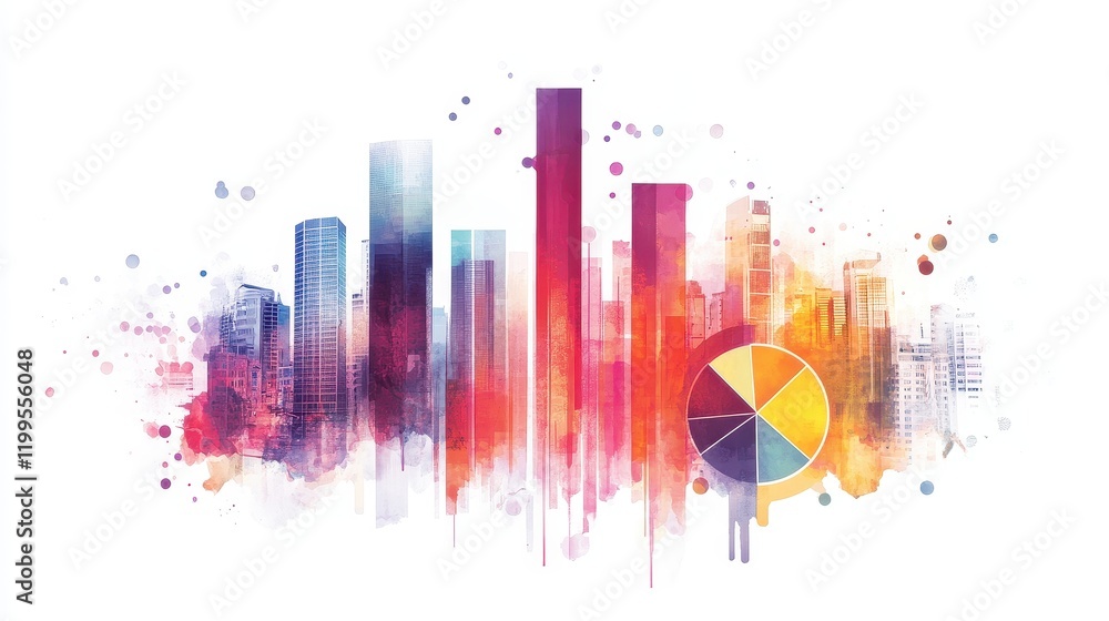A bar chart with a pie chart overlay, hybrid data concept, abstract art style, bright tones, isolated on white background A bar chart with a pie chart overlay, hybrid data concept, abstract art style, bright tones, isolated on white background