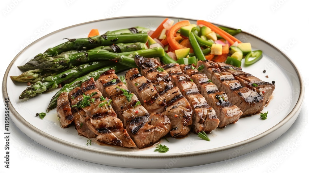 A plate of grilled pork and asparagus, with fresh vegetables on the side A plate of grilled pork and asparagus, with fresh vegetables on the side
