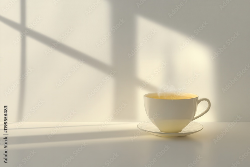Minimalist Teacup with Soft Steam on a Table, Capturing the Essence of Warmth and Tranquility in a Serene Indoor Environment Minimalist Teacup with Soft Steam on a Table, Capturing the Essence of Warmth and Tranquility in a Serene Indoor Environment