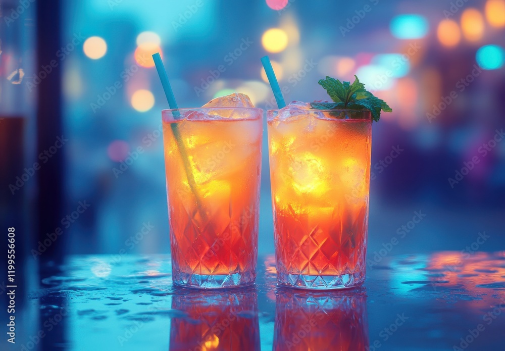 Refreshing Cocktail Glasses with Ice and Mint on a Vibrant Urban Background, Blurry Lights of a City Evening Create a Captivating Atmosphere for Social Gatherings Refreshing Cocktail Glasses with Ice and Mint on a Vibrant Urban Background, Blurry Lights of a City Evening Create a Captivating Atmosphere for Social Gatherings