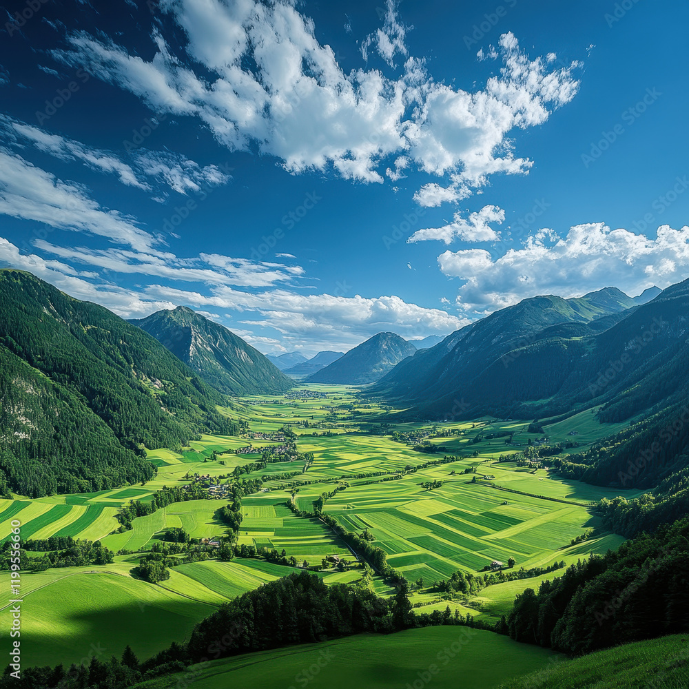 panoramic view of vibrant green valley surrounded by majestic mountains, showcasing lush fields and clear blue sky panoramic view of vibrant green valley surrounded by majestic mountains, showcasing lush fields and clear blue sky