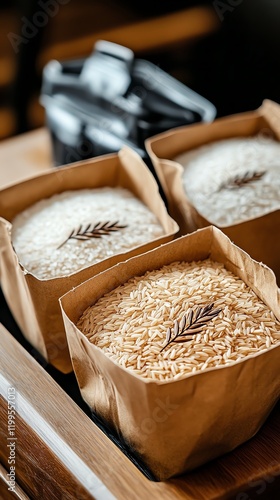 Closeup of organic rice grains in custom export packaging with minimalist, ecofriendly designs photo