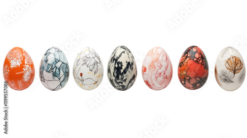 A vibrant collection of decorative eggs showcasing artistic designs, displayed on a white isolated background. photo