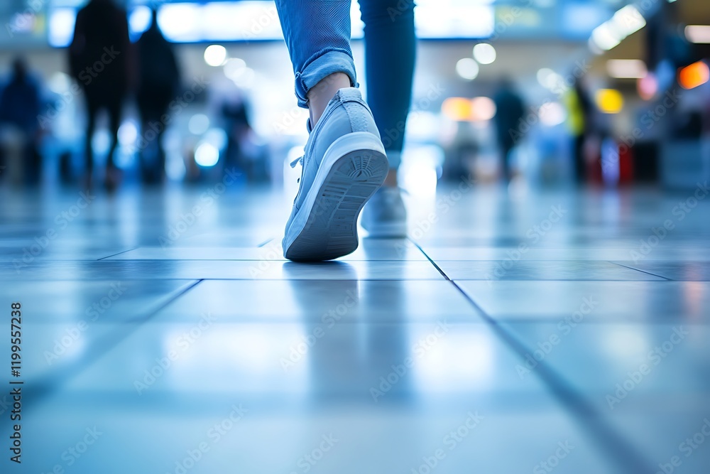 Person walking on a smooth, modern floor in a busy public space. Person walking on a smooth, modern floor in a busy public space.