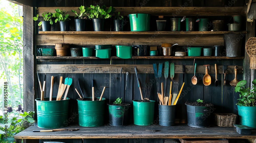 Fototapeta premium Compost thermometers, pitchforks, and bins displayed in an organized garden shed, ready for farm use
