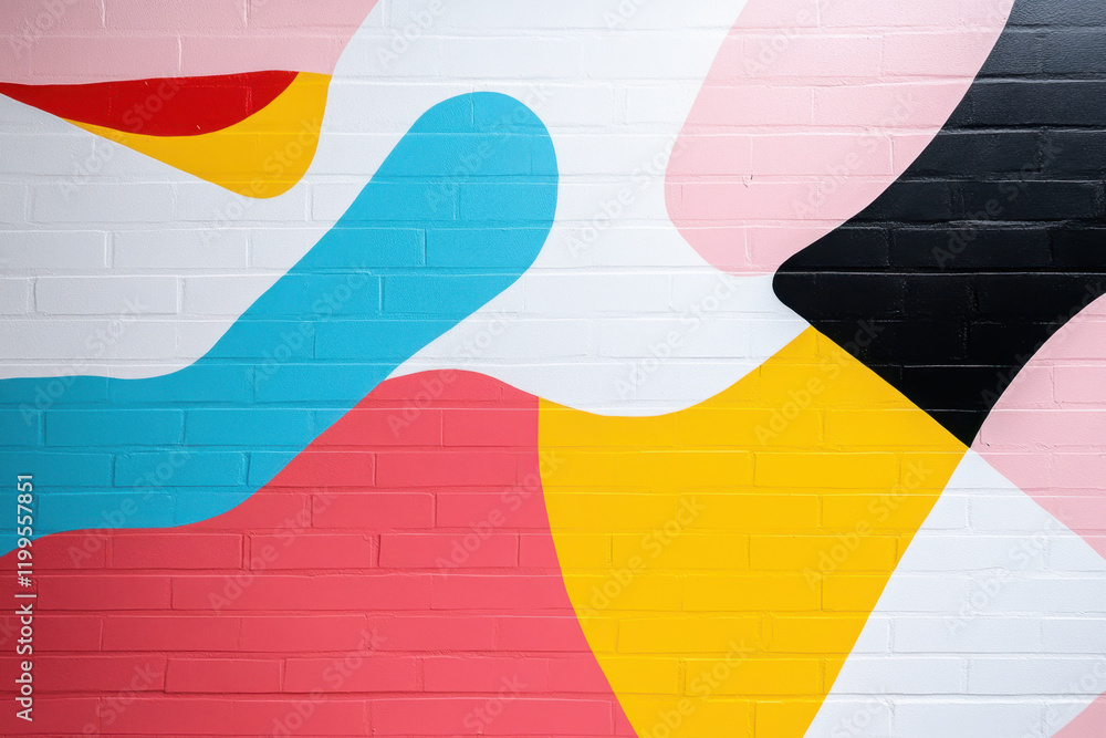 Naklejka premium Modern urban street art graffiti on white painted brick wall. Abstract geometric Memphis style graffiti background
