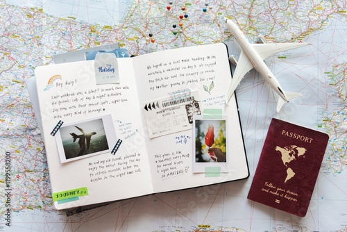 Travel journal with maps, passport, and airplane model. Open notebook with travel notes, photos, and tickets. Travel planning journal flat lay photo. World map with travel journal and airplane model
