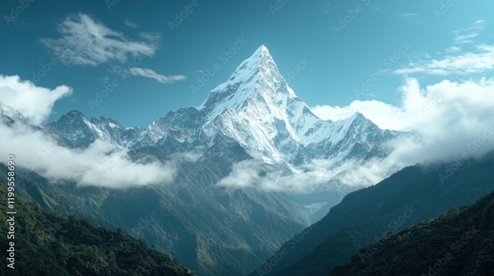 Fototapeta premium Majestic snow-capped mountain peak rises above misty green valley under a clear blue sky.
