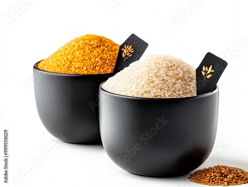 Golden organic rice grains in ecofriendly packaging, symbolizing premium quality and global export standards photo