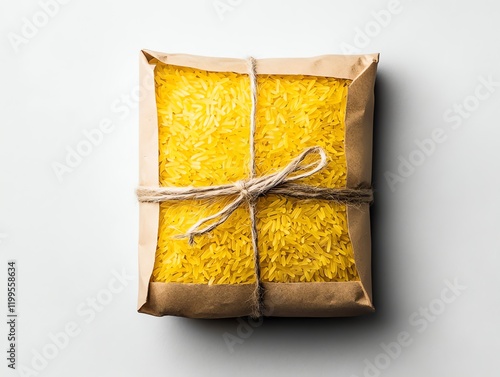 Golden organic rice grains in ecofriendly packaging, symbolizing premium quality and global export standards photo