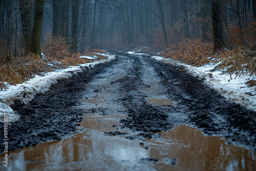 A rural dirt road covered in melting snow and slush, surrounded by a serene countryside landscape transitioning from winter to spring. photo