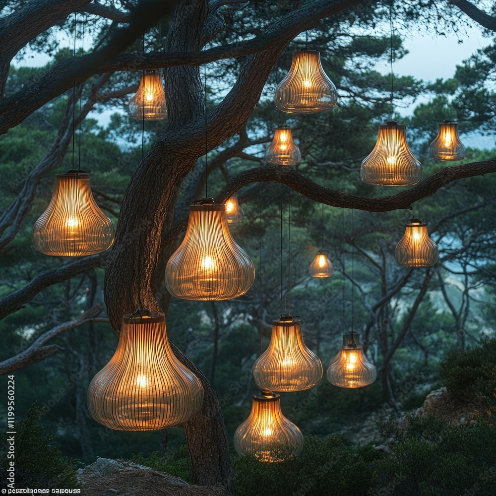Obraz premium Illuminated lanterns hang from forest tree branches.