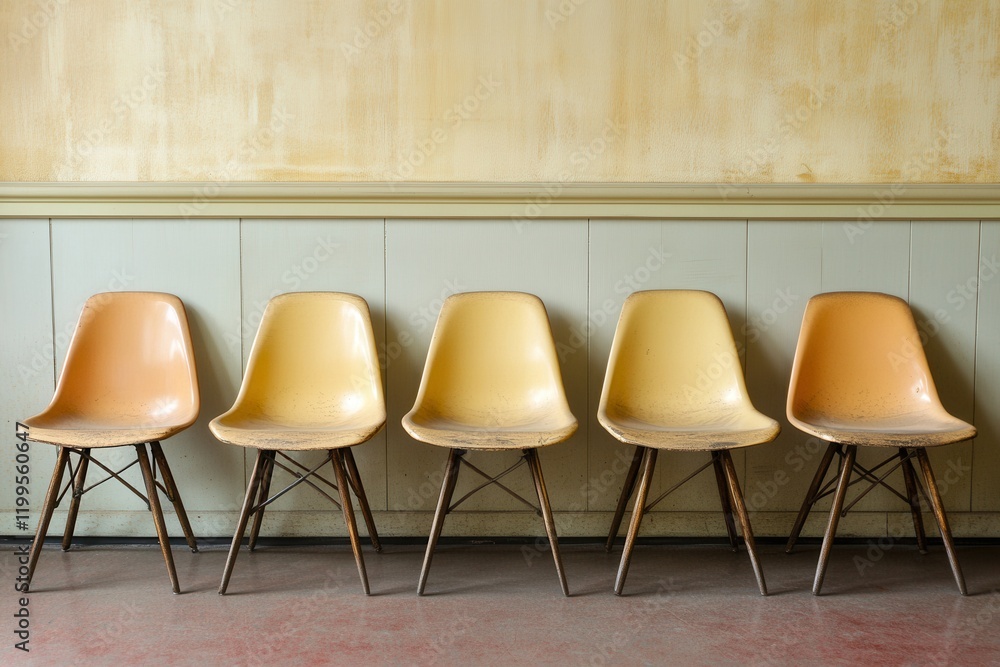 Obraz premium Empty Patient Waiting Area in a Medical Facility Featuring Classic Vintage Chairs and Soft Ambient Lighting for a Calm and Inviting Atmosphere
