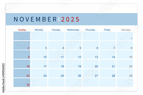 Blank calendar page for November 2025 year isolated on white background. photo