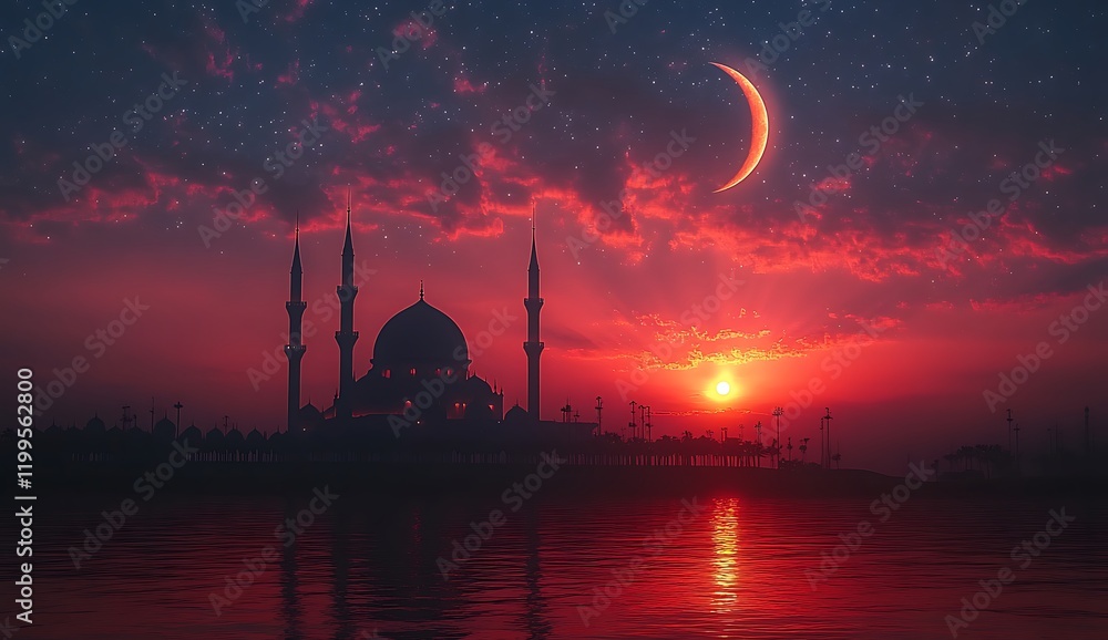 Obraz premium Mosque silhouette with blue, pink and orange sky sunset in evening, mosque at night with crescent moon and star shining, Background for Ramadan Kareem,Islamic New year. happy Muharram