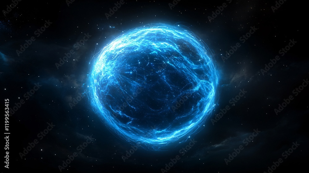Fototapeta premium Futuristic blue-glowing global network with light connections surrounding Earth, illustrating big data information flow and online connectivity on a dark backdrop.