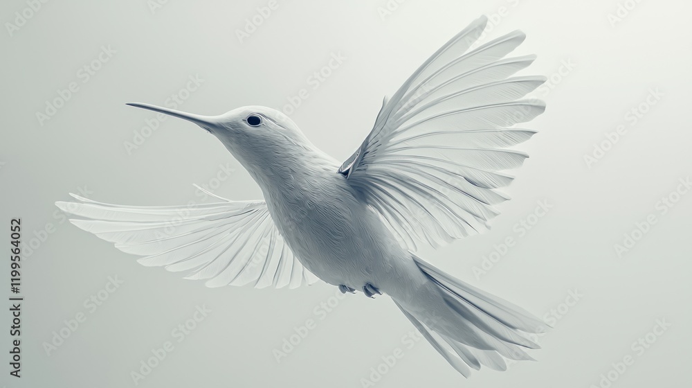 White hummingbird in flight, wings spread wide, against a light gray background. White hummingbird in flight, wings spread wide, against a light gray background.