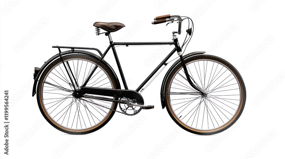 Fototapeta premium Classic black bicycle with brown leather seat and fenders, isolated on white.