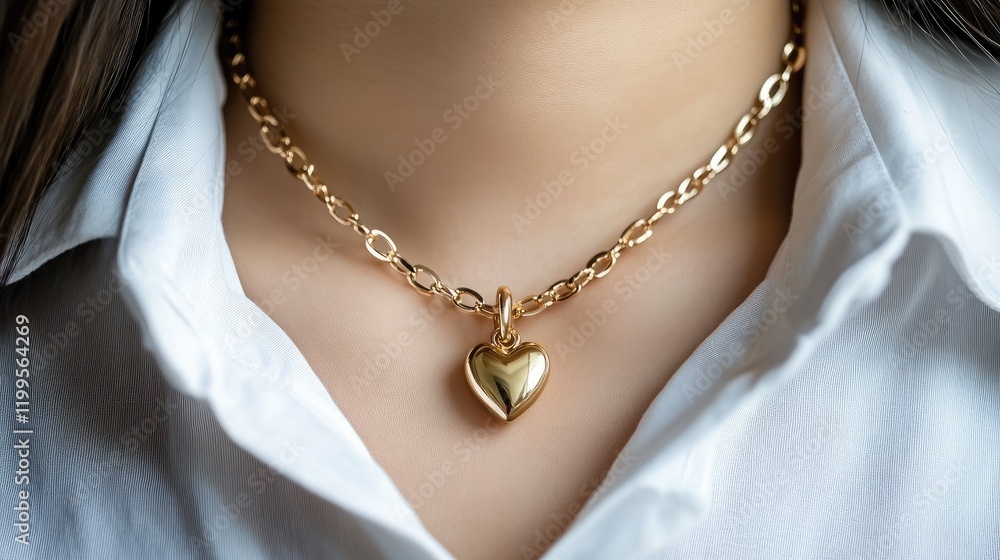 A young girl's neck adorned with a golden heart pendant is highlighted by her stylish white blouse on a warm day outside A young girl's neck adorned with a golden heart pendant is highlighted by her stylish white blouse on a warm day outside