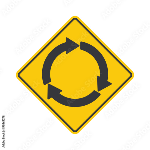 Isolated diamond yellow roundabout traffic sign, circular road direction, for navigation and safety, smooth and orderly vehicle movement