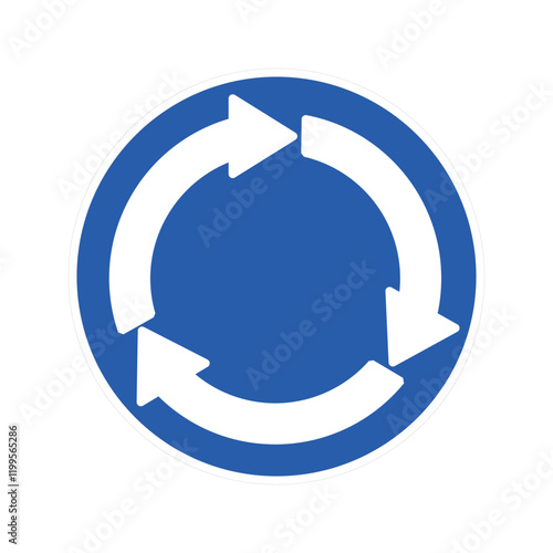 Isolated blue roundabout traffic sign symbolizing circular road direction, essential for navigation and safety, promoting smooth and orderly vehicle movement