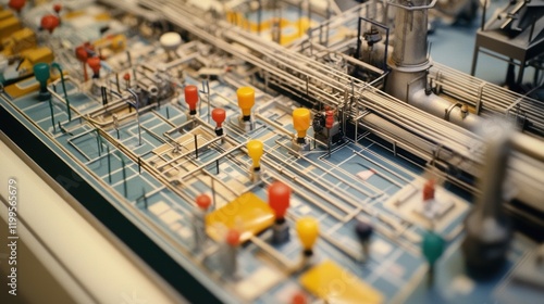 Closeup of an energy flow diagram posted on a bulletin board illustrating the factorys energy inputs and outputs with colored markers indicating areas for efficiency improvements. photo