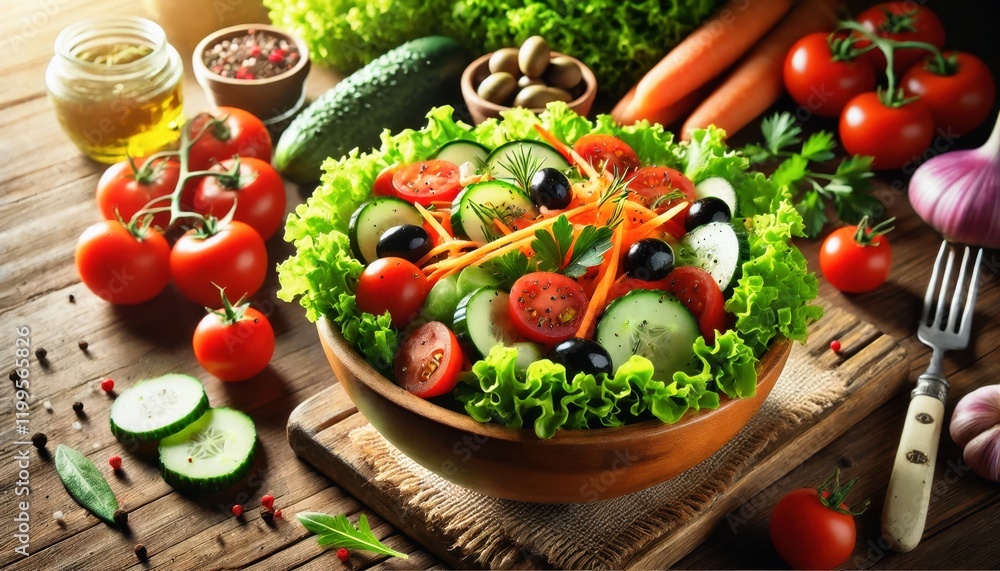 A fresh salad in a bowl featuring a mix of vibrant ingredients like lettuce tomatoes cucumbers carrots and olives. A fresh salad in a bowl featuring a mix of vibrant ingredients like lettuce tomatoes cucumbers carrots and olives.