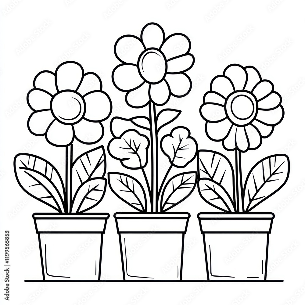Three potted daisies, line art, gardening, home decor, coloring page Three potted daisies, line art, gardening, home decor, coloring page