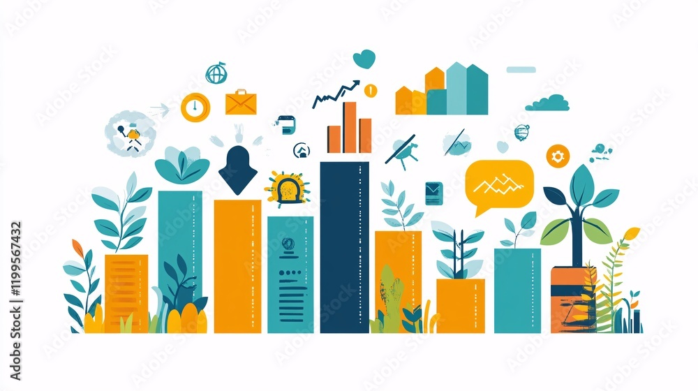 Creative vector illustration of career growth towards success, featuring business analysis, flat color icons, and environmental protection symbols. Creative vector illustration of career growth towards success, featuring business analysis, flat color icons, and environmental protection symbols.