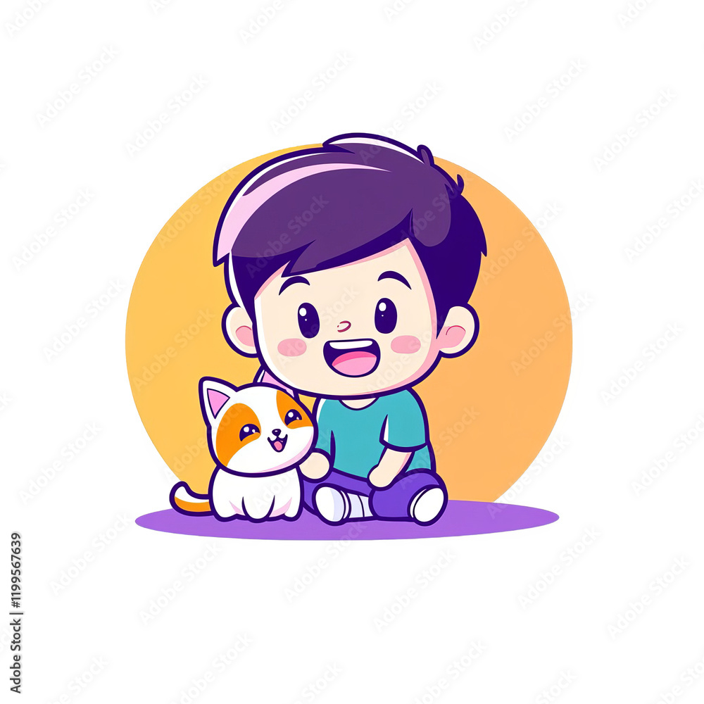 Playful child with pet cat colorful background digital illustration joyful setting close-up view friendship concept Playful child with pet cat colorful background digital illustration joyful setting close-up view friendship concept