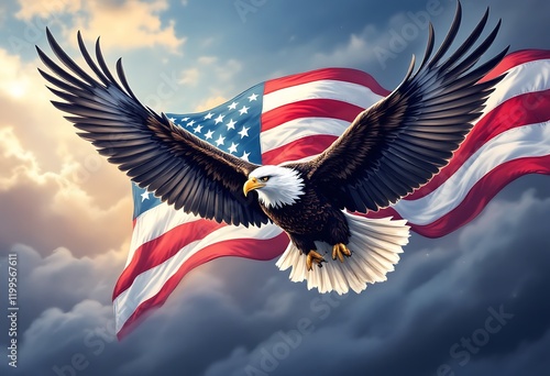Large eagle is flying over a red, white, and blue American flag
