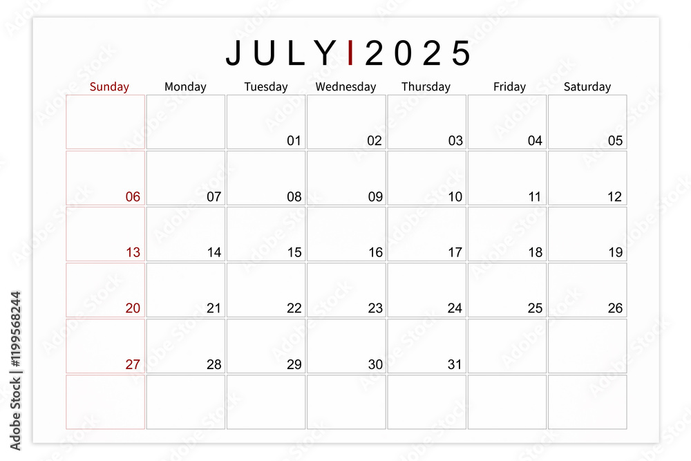 July 2025 Blank calendar page isolated on white background. July 2025 Blank calendar page isolated on white background.