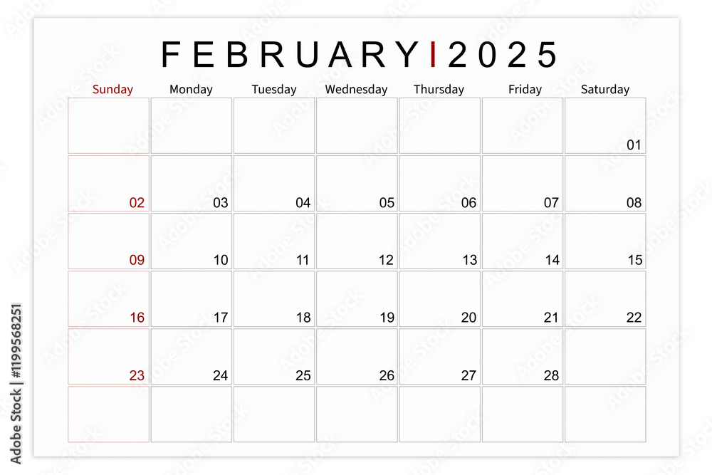 February 2025 Blank calendar page isolated on white background. February 2025 Blank calendar page isolated on white background.
