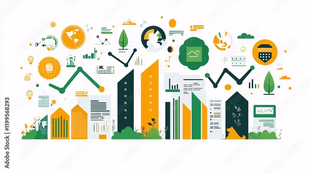 Vector illustration of business graphics showing career growth, success, and environmental protection, with flat color icons and business analysis elements. Vector illustration of business graphics showing career growth, success, and environmental protection, with flat color icons and business analysis elements.