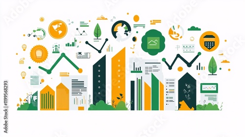 Vector illustration of business graphics showing career growth, success, and environmental protection, with flat color icons and business analysis elements.