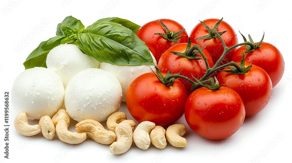 Fresh Ingredients for a Healthy Salad Featuring Mozzarella Cheese, Ripe Tomatoes, Fresh Basil Leaves, and Crunchy Cashew Nuts on a White Background Fresh Ingredients for a Healthy Salad Featuring Mozzarella Cheese, Ripe Tomatoes, Fresh Basil Leaves, and Crunchy Cashew Nuts on a White Background