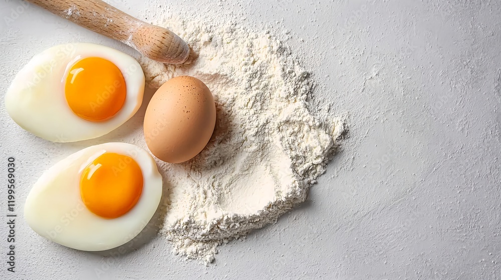 Fresh Eggs and Flour on a Kitchen Counter with a Wooden Rolling Pin Ready for Baking Delicious Homemade Treats and Pastries in a Bright Culinary Scene Fresh Eggs and Flour on a Kitchen Counter with a Wooden Rolling Pin Ready for Baking Delicious Homemade Treats and Pastries in a Bright Culinary Scene
