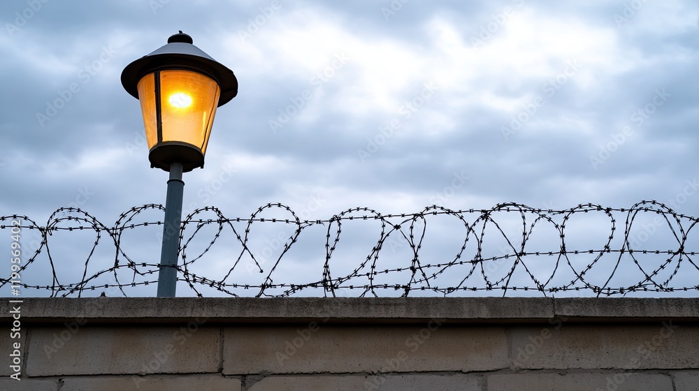 Obraz premium Barbed wire lines the top of a high fence under a dark grey sky, evoking the somber atmosphere of a prison environment