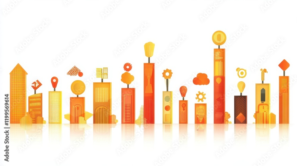 A bar chart with icons, small business theme, flat vector style, warm tones, isolated on white background A bar chart with icons, small business theme, flat vector style, warm tones, isolated on white background