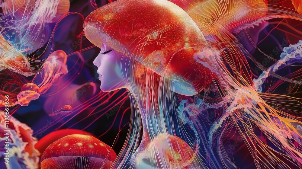 Obraz premium Abstract jellyfish human profile portrait surreal art with dark background Generated AI