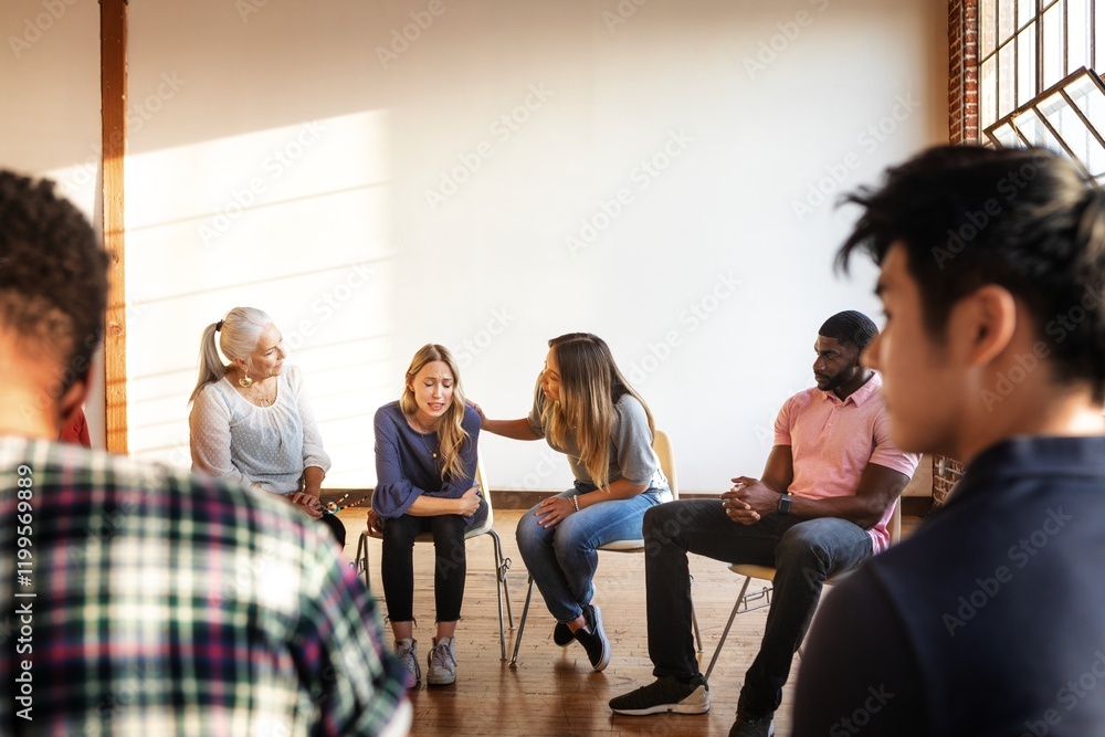 Fototapeta premium Diverse group in a support group meeting consoling and supporting one another. People sitting in a circle, sharing and listening. Supportive environment with diverse individuals in a group setting.