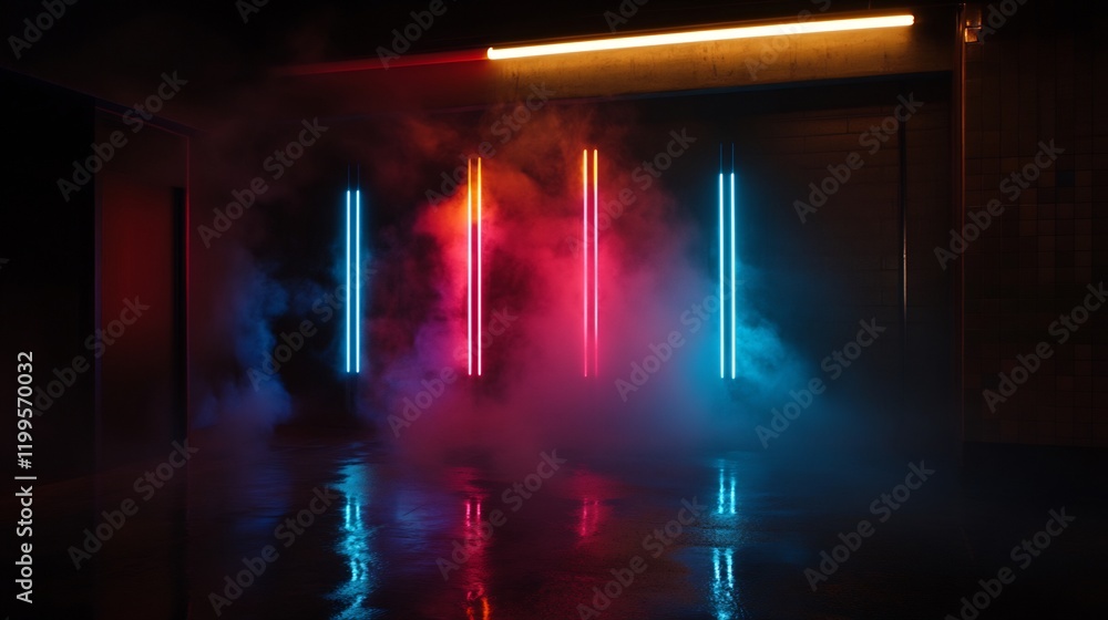 Naklejka premium Neon Lights in a Smoky Garage: Cyberpunk Aesthetic