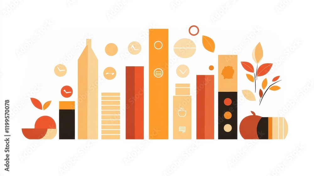 Obraz premium A bar chart with icons, small business theme, flat vector style, warm tones, isolated on white background