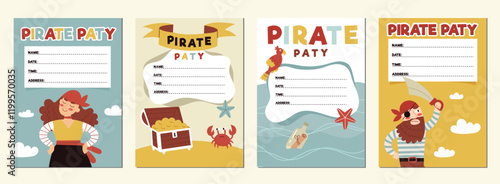 Pirate party invitation, birthday.A cards for a kids party.Pirate ship, skull, crab, treasure chest. Cartoon Flat illustrations