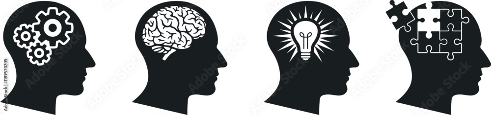 Set of Human Head Icons Creative Thinking, Intelligence, Brainstorming, Mental Work, and Business Solutions - Web Design and Infographic Elements Set of Human Head Icons Creative Thinking, Intelligence, Brainstorming, Mental Work, and Business Solutions - Web Design and Infographic Elements