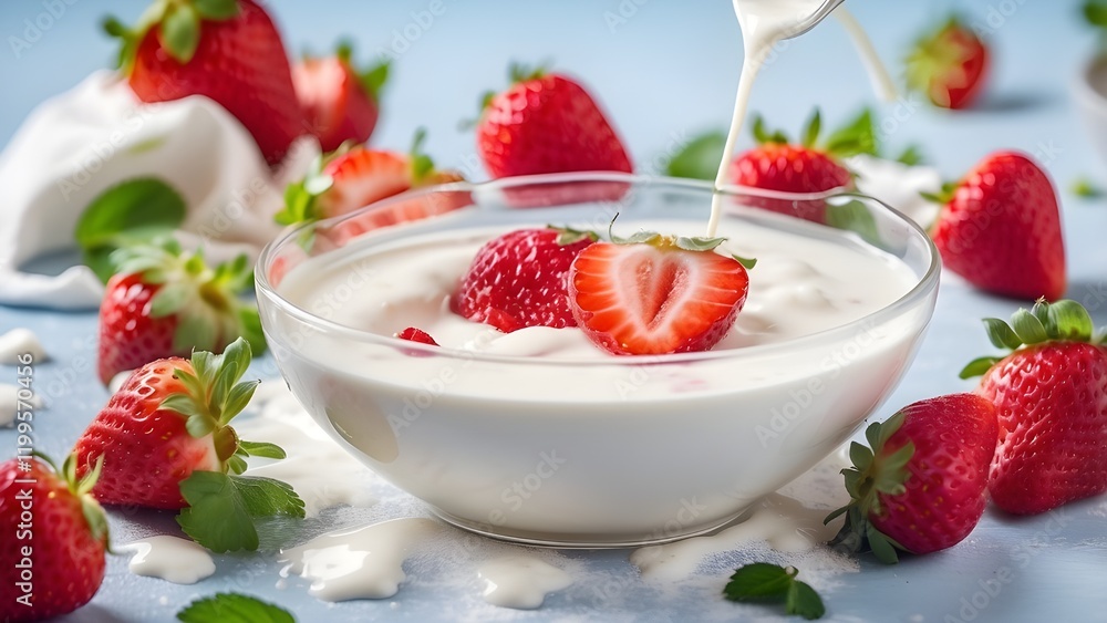 Strawberries falling into a fresh bowl of cream. Healthy Breakfast, fresh berries and splashing milk. Healthy breakfast concept. vegetarian food
Strawberries falling into a fresh bowl of cream. Healthy Breakfast, fresh berries and splashing milk. Healthy breakfast concept. vegetarian food